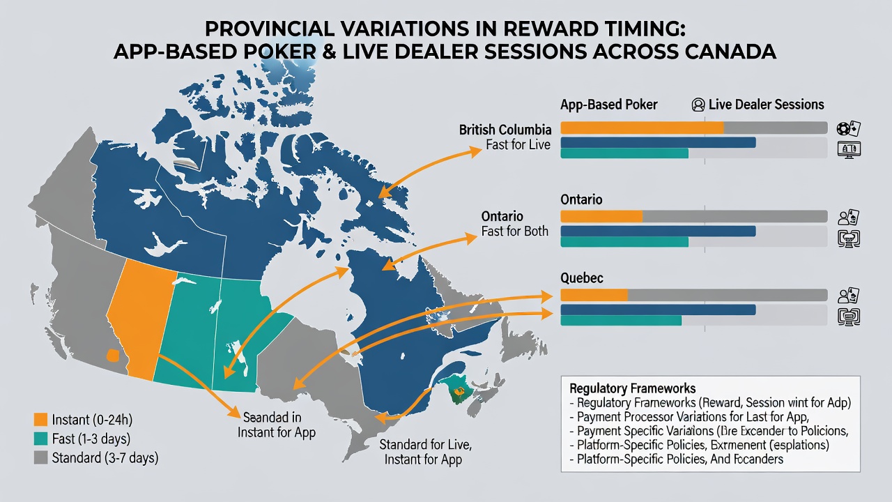 Comparison chart of reward processing times across Canadian provinces for poker and live dealer games